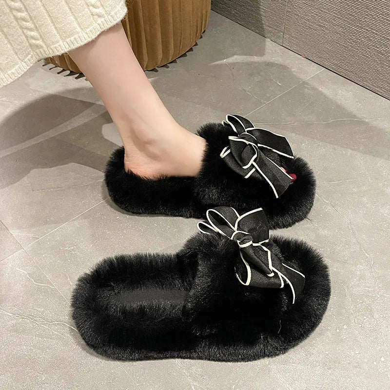 Flat Slippers Cute Fashion Bowknot Plush Flat Slippers