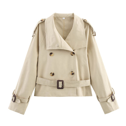Notch-collar Short Trench Coat for Women with Belt Buckle Detailing