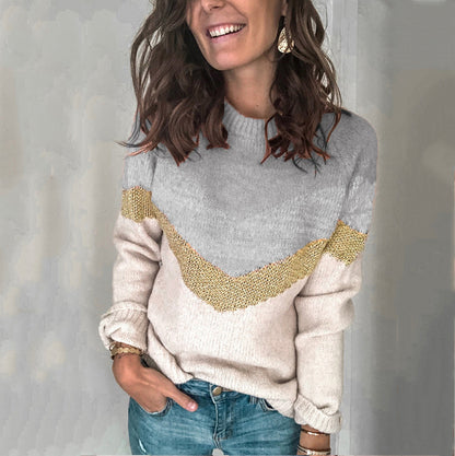 Contrast Panel Knit Pullover Crewneck Raglan Sleeve Sweater