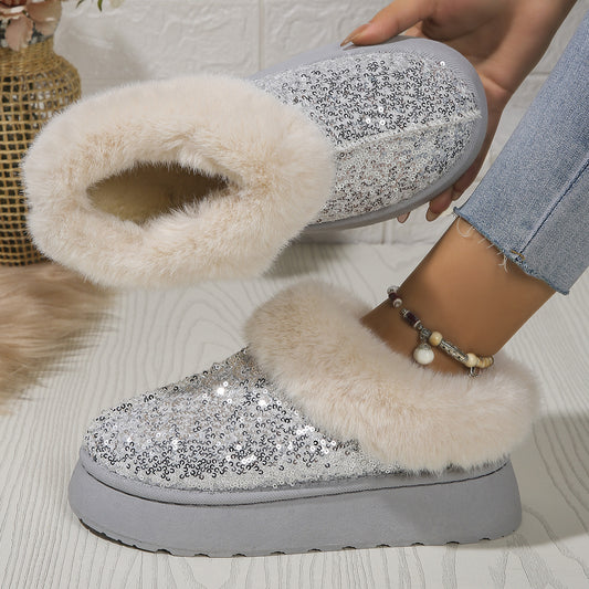 Fashion  Warm Slippers Sequined Thick-soled Plush Shoes Winter Indoor And Outdoor Casual Warm Slippers Women Garden House Shoes