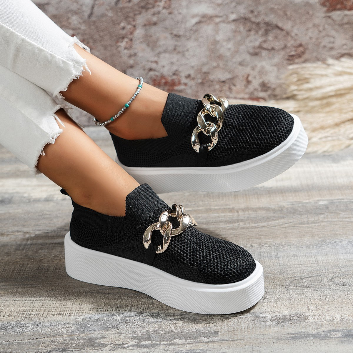 Casual Women's Shoes Spring And Autumn New Thick Bottom Shallow Mouth Knitted Mesh Chain Outer Wear Casual Women's Shoes