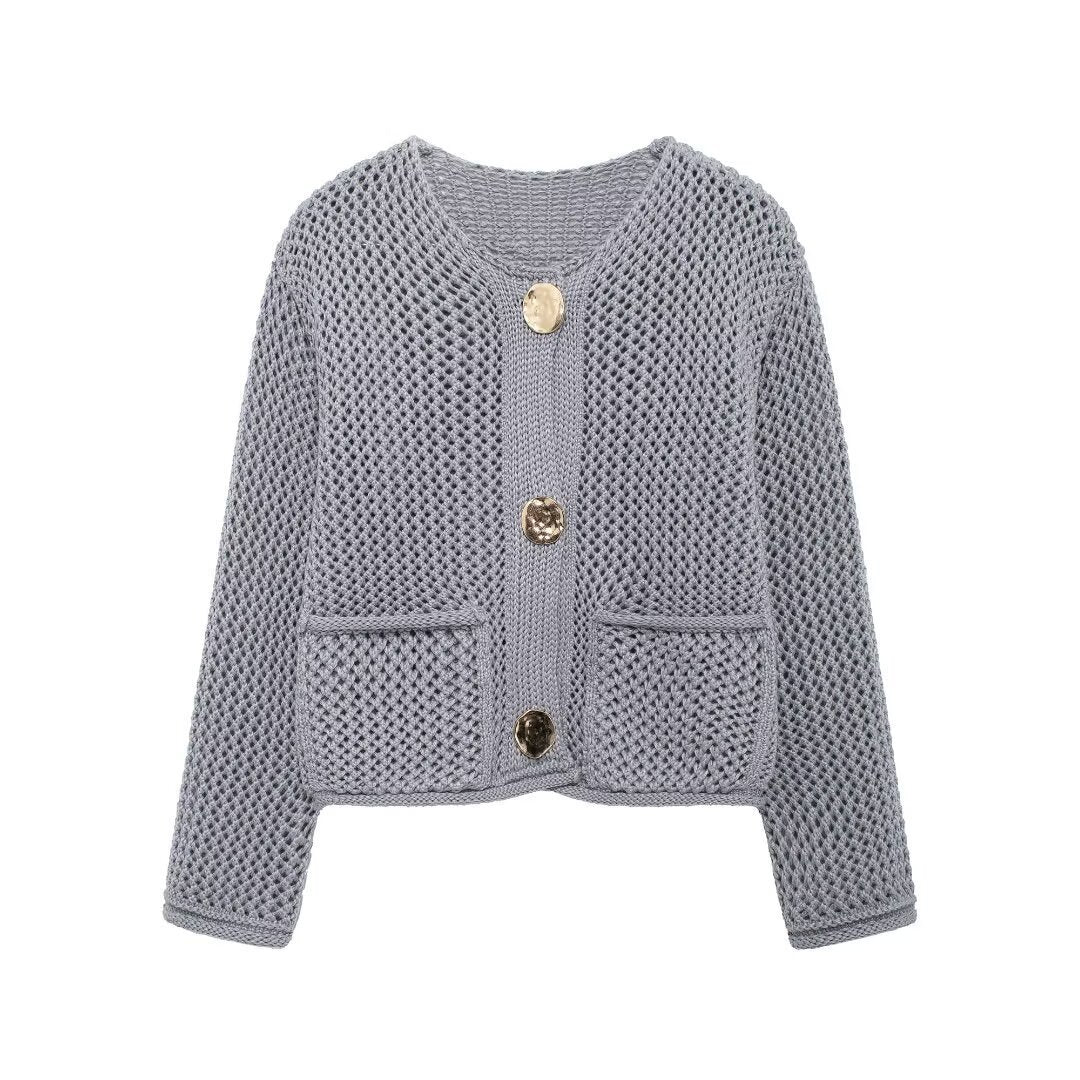 Women's Fashion Pocket Round Neck Thick Needle Knitted Coat