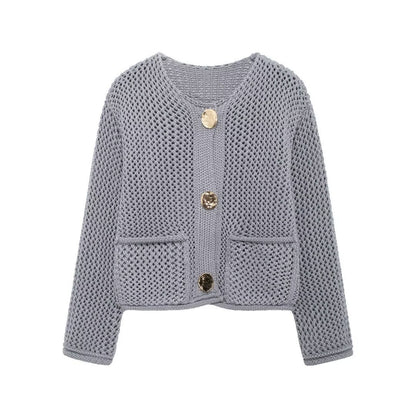Women's Fashion Pocket Round Neck Thick Needle Knitted Coat