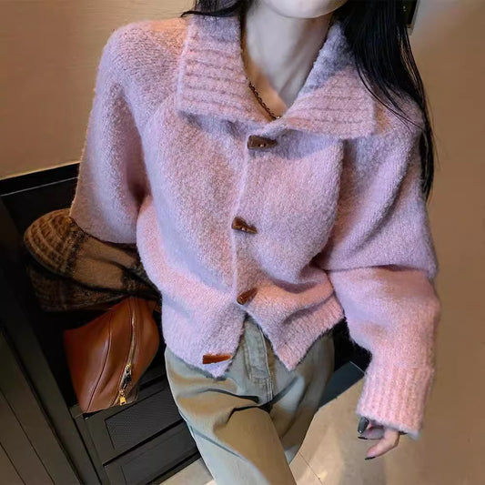 Sweater Coat For Women Retro Horn Button Solid Color