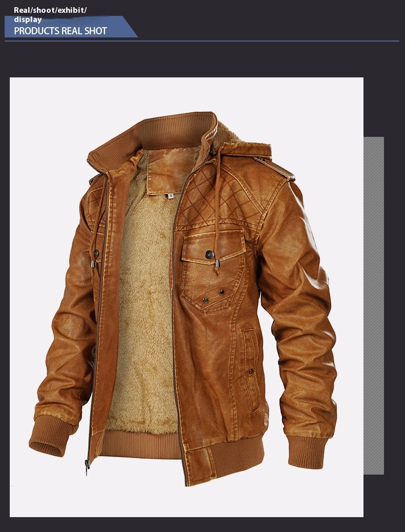 Hooded Leather Jacket Fleece-lined Men's Autumn And Winter New - sumet.shop