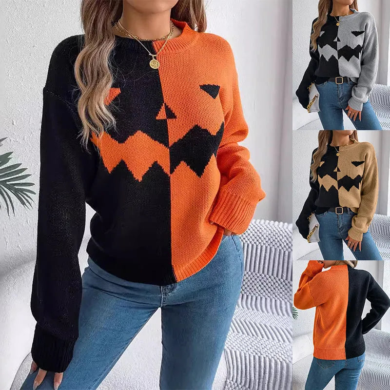 Halloween Pullover Sweater Contrast-color Pullover Sweater Fashion Long Sleeve Knitted Tops For Womens Clothing