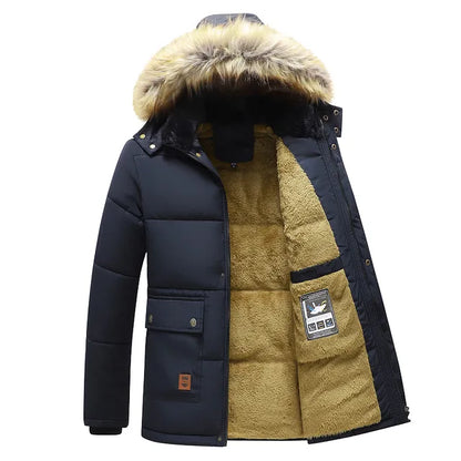 Windproof Fleece Thick Jacket Coat Men Fashion Hooded Fur Collar - sumet.shop