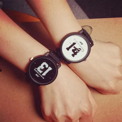 watches Korean fashion 1314 big digital Korean version of the tide Harajuku pair of black and white couple watches Korean fashion street student belt pair table