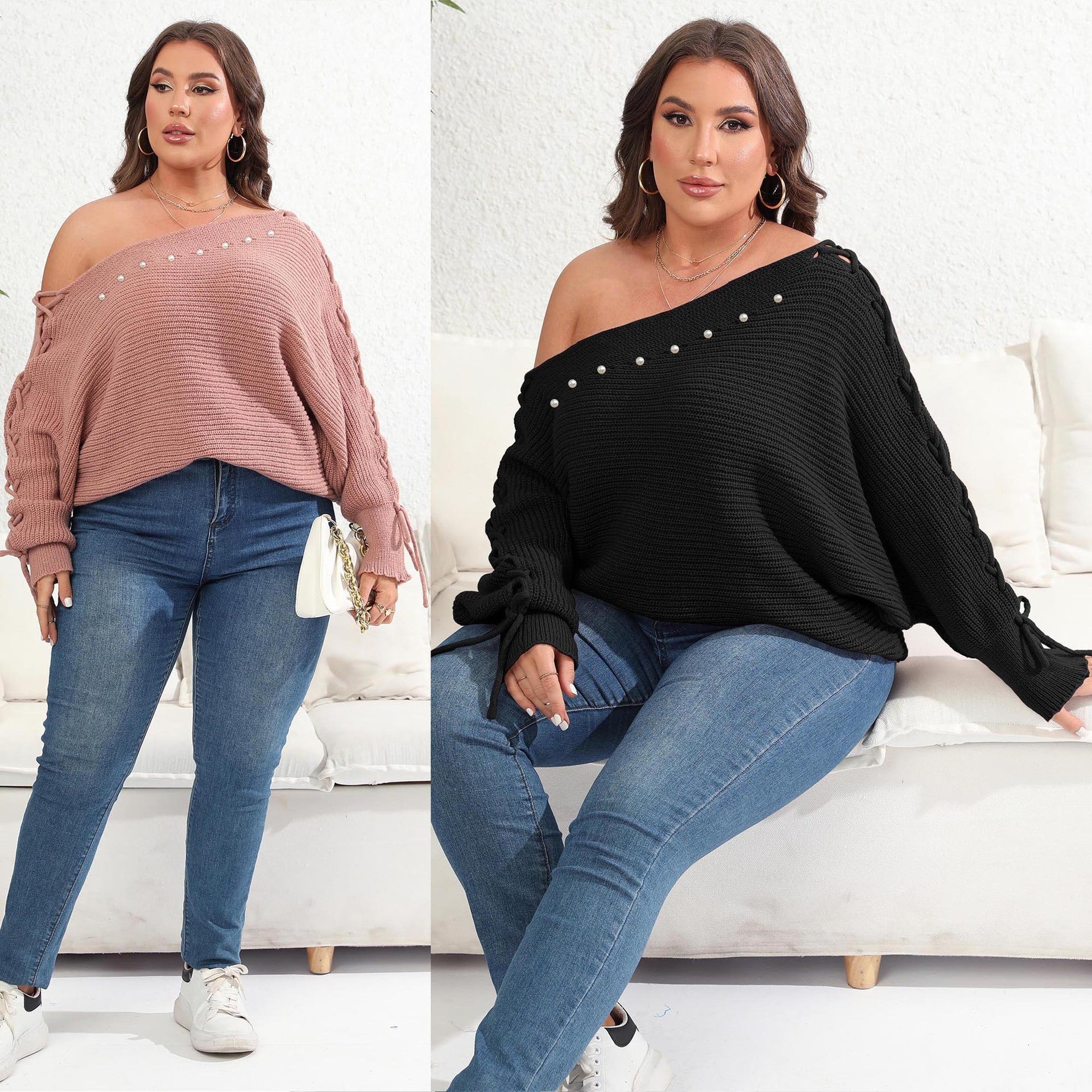 Sleeve Sweater Women's Top Plus Size Lace Up Batwing Sleeve Sweater