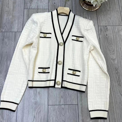 Elegant Metal Button Knit Cardigan V-Neck Letter Jacquard
