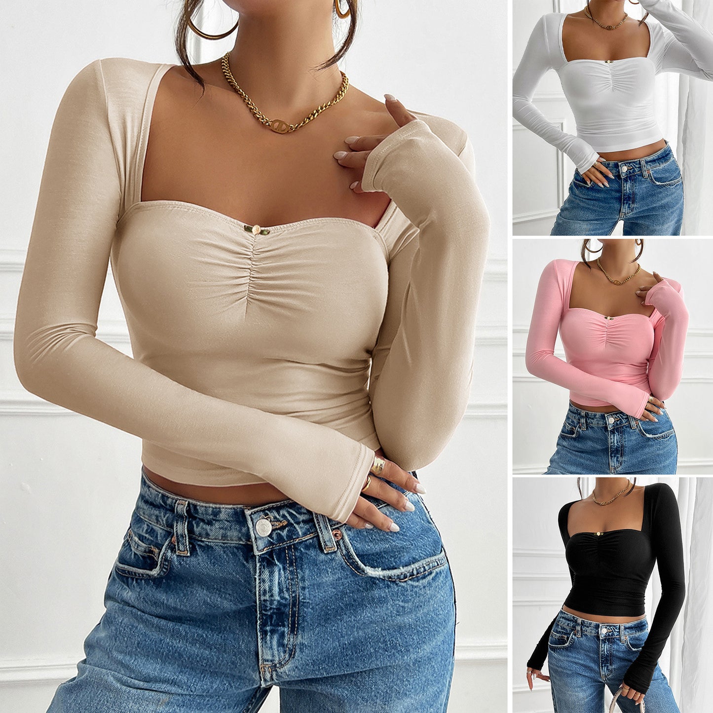 Long-sleeved Top T-shirt Women's Y2g Elegant Slim-fit Pleated Knitted Long-sleeved Top T-shirt