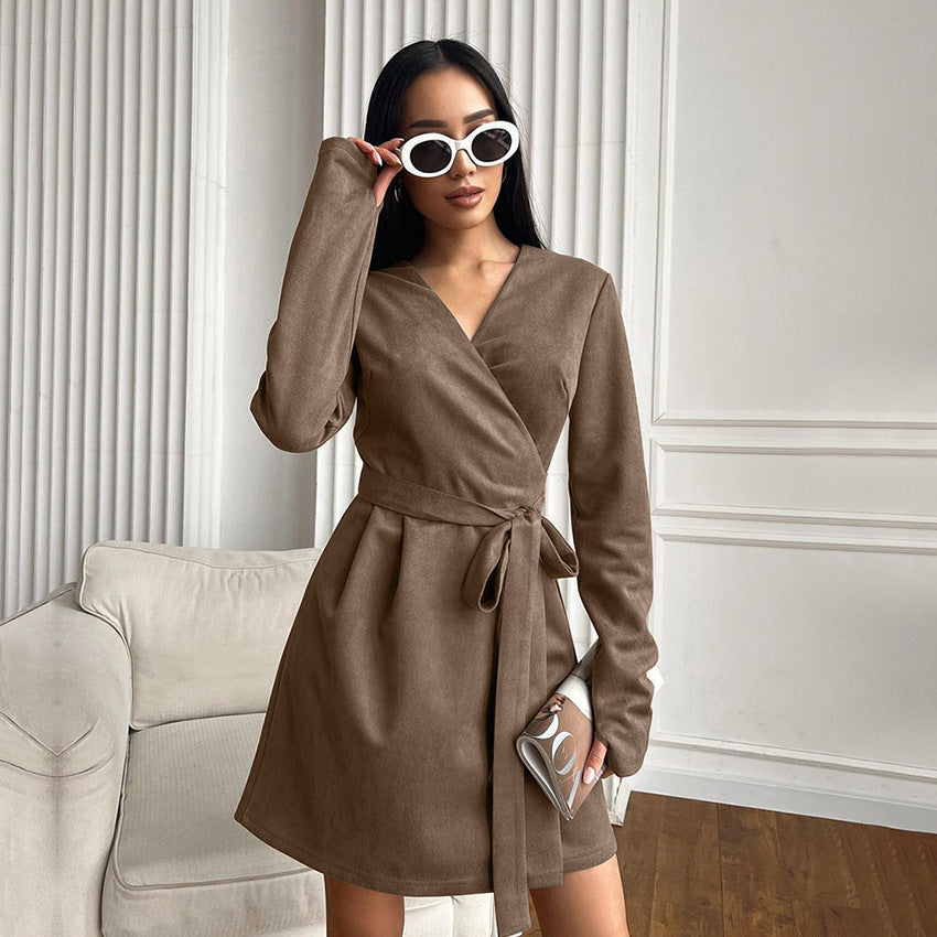 Blanket Dress French Style Young Suede V-neck Stomach Blanket Dress