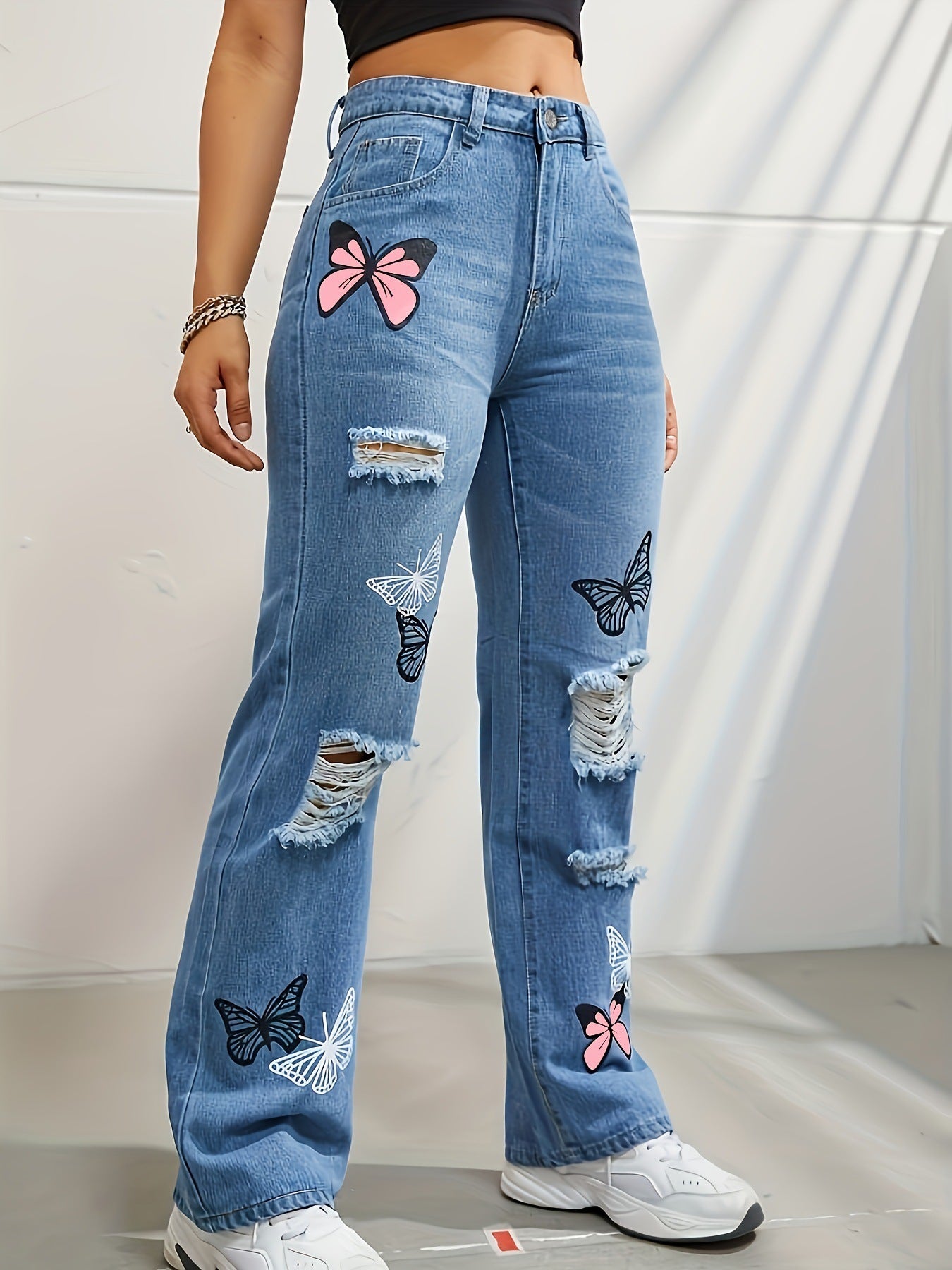 Denim Pants High Waisted Straight Leg Jeans For Women Trendy Butterfly Print Ripped Distressed Denim Pants