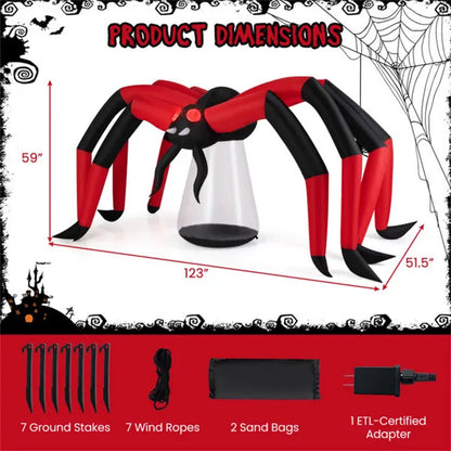 10ft Wide 5ft Tall Giant Halloween Inflatable Spider - LED Head Light   2 Red Eye Tunnel Lights