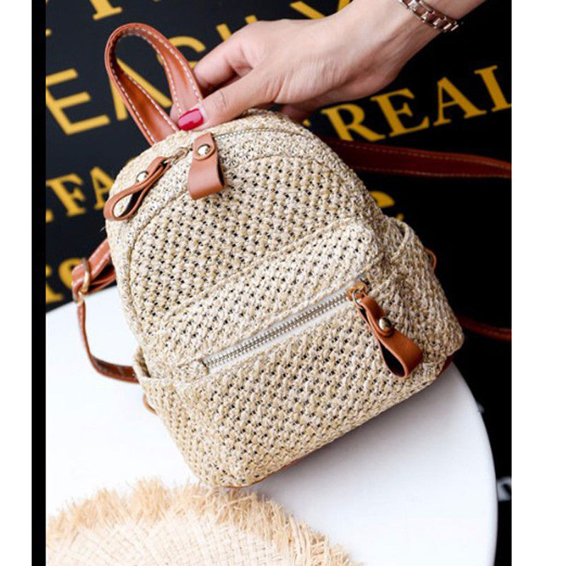 Backpack Straw Woven Backpack Small  Hollow Solid Color