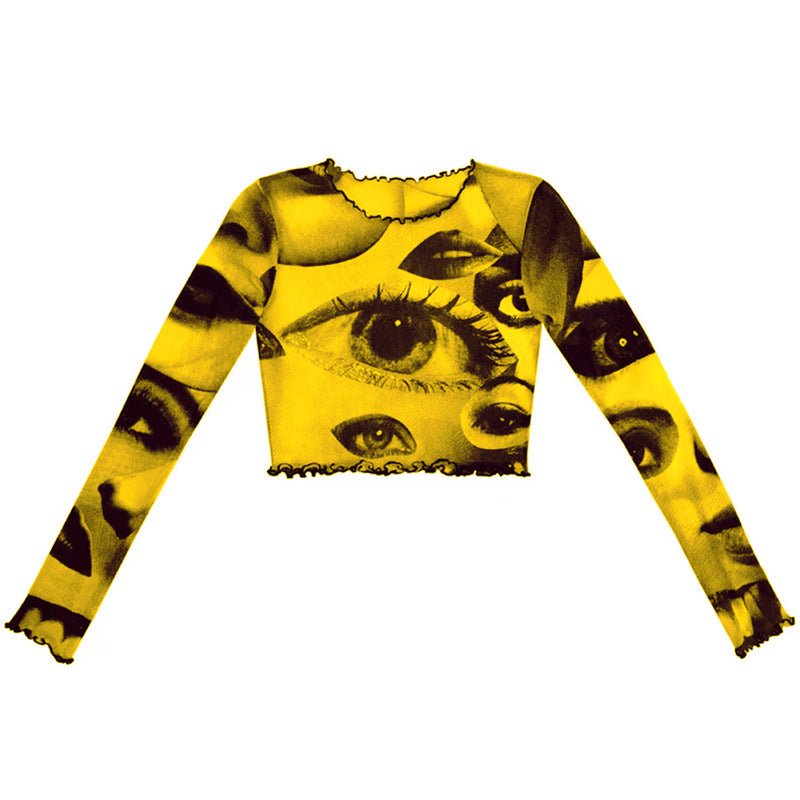 New Style Women's Mesh Gauze Big Eyes Print Short Cropped Top T-shirt Wood Ears