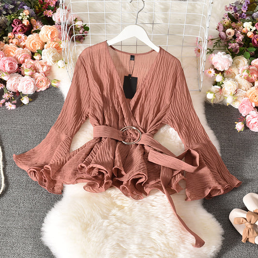 Cross V-Neck Low-Cut Sexy Flared Sleeve Top
