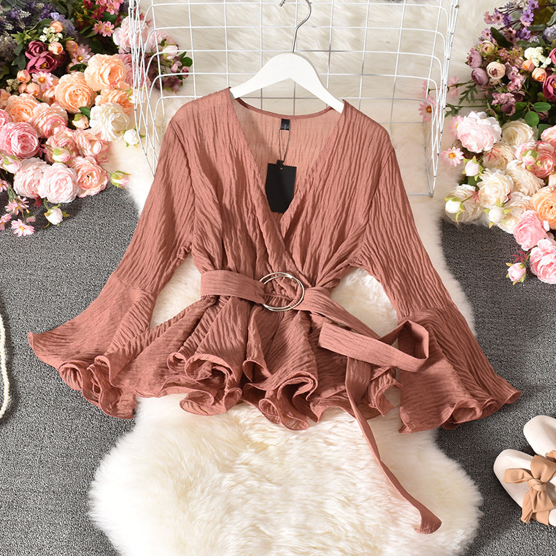 Cross V-Neck Low-Cut Sexy Flared Sleeve Top
