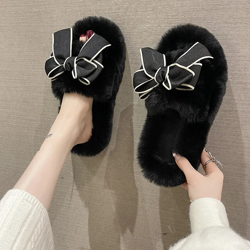 Flat Slippers Cute Fashion Bowknot Plush Flat Slippers