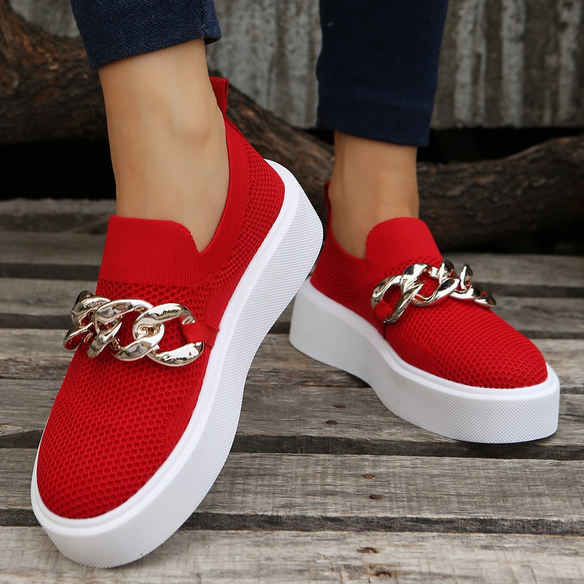 Casual Women's Shoes Spring And Autumn New Thick Bottom Shallow Mouth Knitted Mesh Chain Outer Wear Casual Women's Shoes