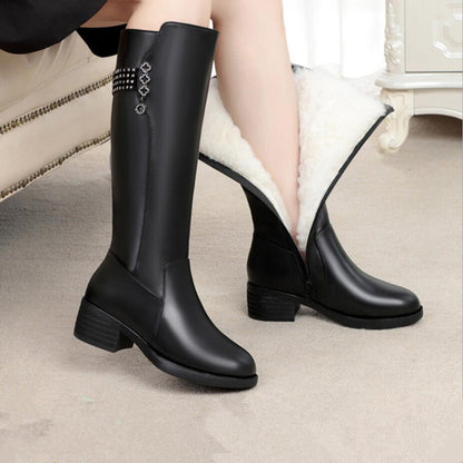 leather boot lady Plush wool medium thick sole leather boot lady