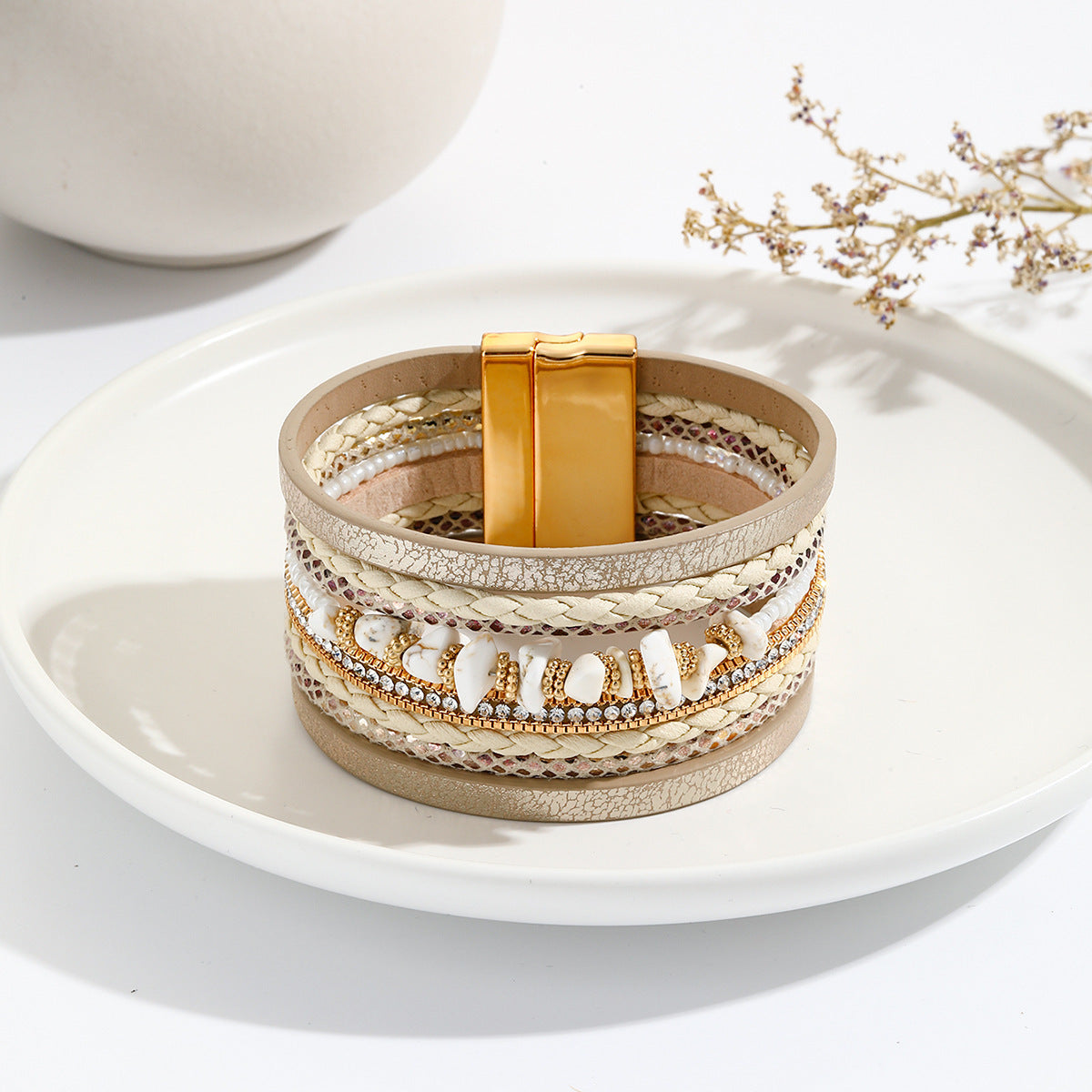 Irregular Turquoise Design Wide-brimmed Leather Bracelet Creative Rhinestone-encrusted - sumet.shop