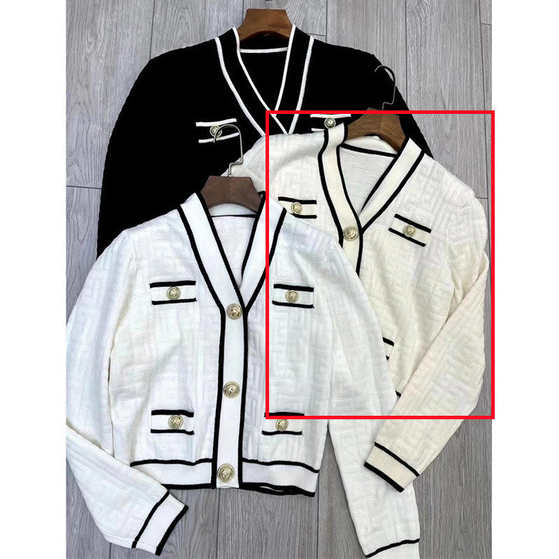 Elegant Metal Button Knit Cardigan V-Neck Letter Jacquard