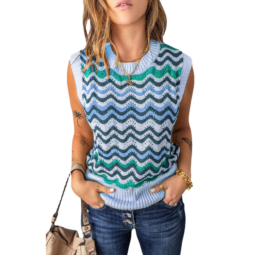 New European And American Fashion Wave Striped Knitted Vest Sweater