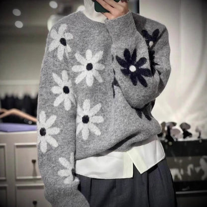 Round Neck Flower Western Style Soft Glutinous Loose And Lazy Style Pullover Sweater