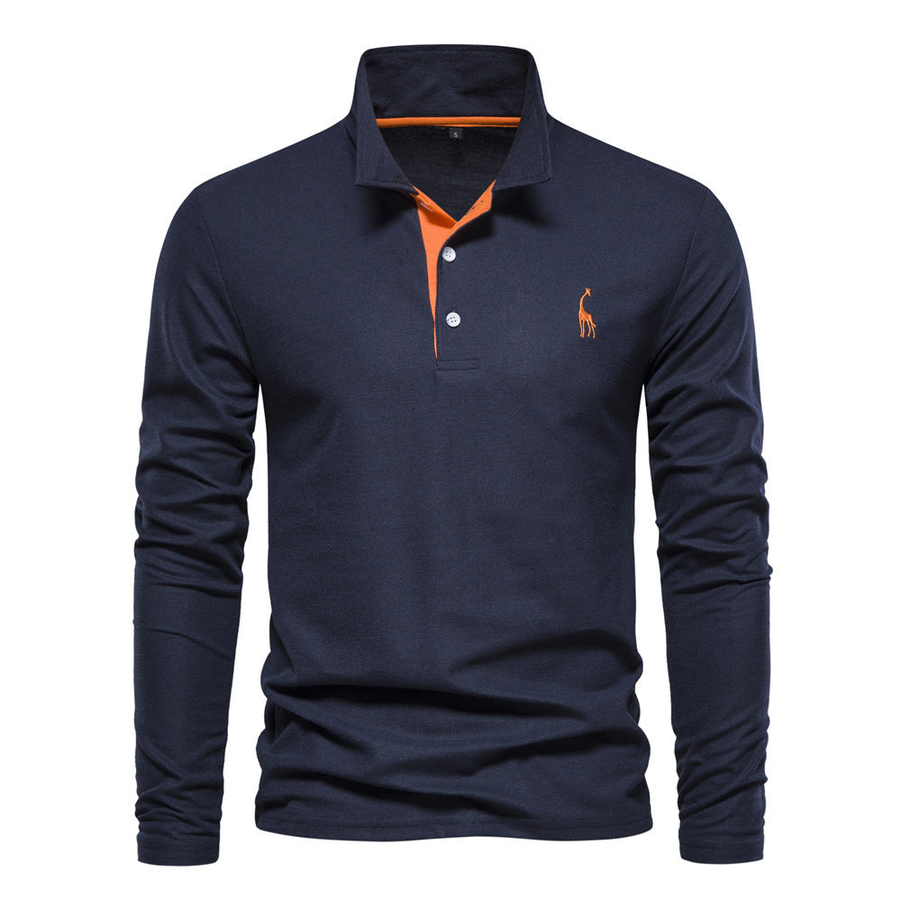Long Sleeve Polo Collar  shirt Men's Fashion Casual Polo Collar Deer Embroidered Long Sleeve