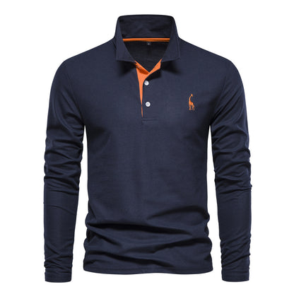 Long Sleeve Polo Collar  shirt Men's Fashion Casual Polo Collar Deer Embroidered Long Sleeve
