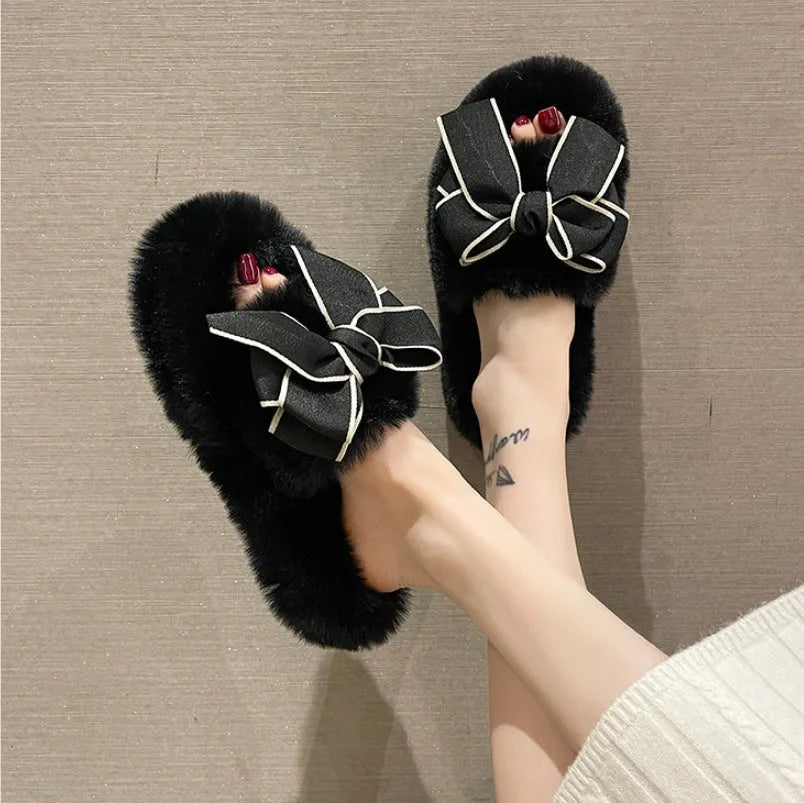 Flat Slippers Cute Fashion Bowknot Plush Flat Slippers