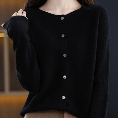 Cashmere Wool Cardigan Sweater Women's O-Neck Long-sleeve