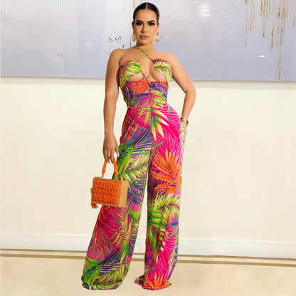 Wide Leg Pants Women's Fashion Digital Print Wrap Chest Wide Leg Pants