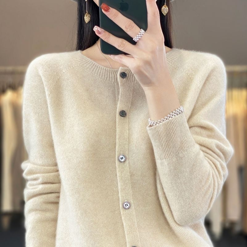 Cashmere Wool Cardigan Sweater Women's O-Neck Long-sleeve