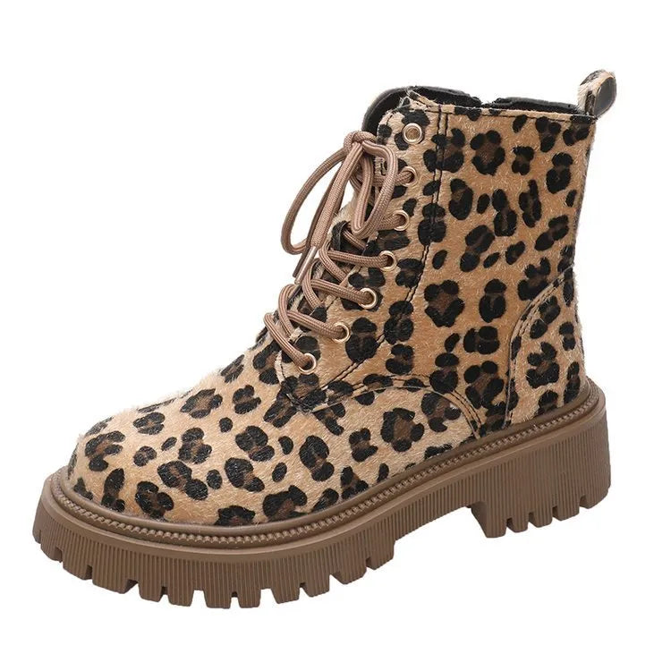 Plus Size Martin Boots Thick Bottom Leopard Print Lace-up