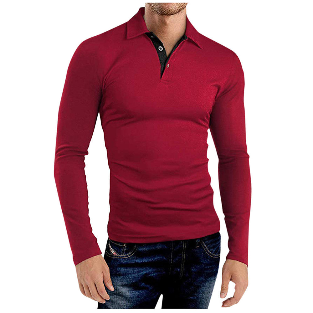 T-shirt Men Men's Long-sleeved Solid Color Lapel T-shirt Men