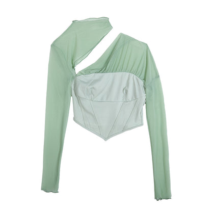 Europe And America's New Slim-Fitting T-shirt Women's Mesh Splicing Hollow