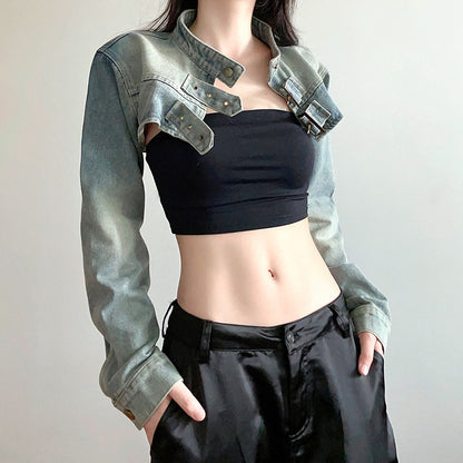 Loose Long Sleeve Ultra Short Denim Waistcoat Jacket Blouse