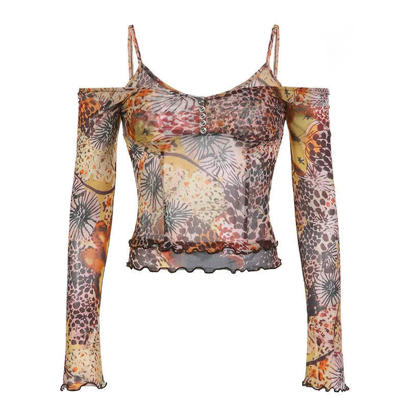 Plant Floral T-shirt Trendy Fake Two Pieces Vintage Mesh Wave Edge Plant Floral T-shirt Women