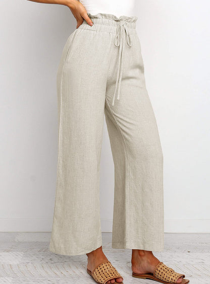 Elastic Waistband Lace-up Wide Leg Pants Solid Color Cropped Pants