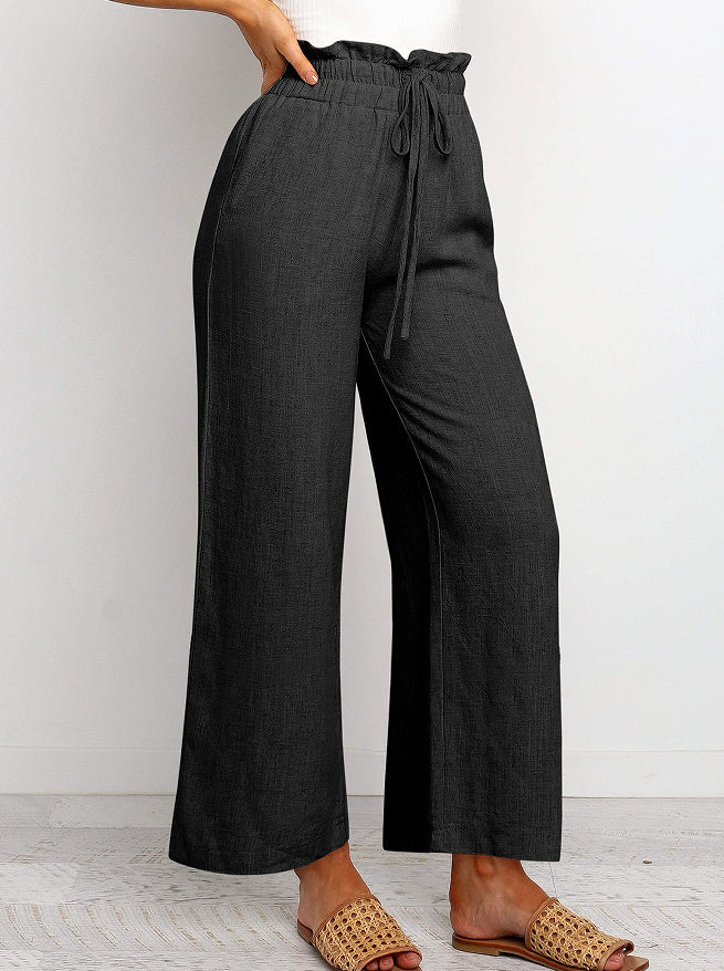 Elastic Waistband Lace-up Wide Leg Pants Solid Color Cropped Pants