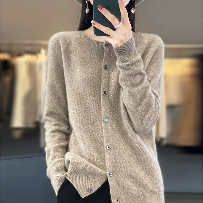 Cashmere Wool Cardigan Sweater Women's O-Neck Long-sleeve