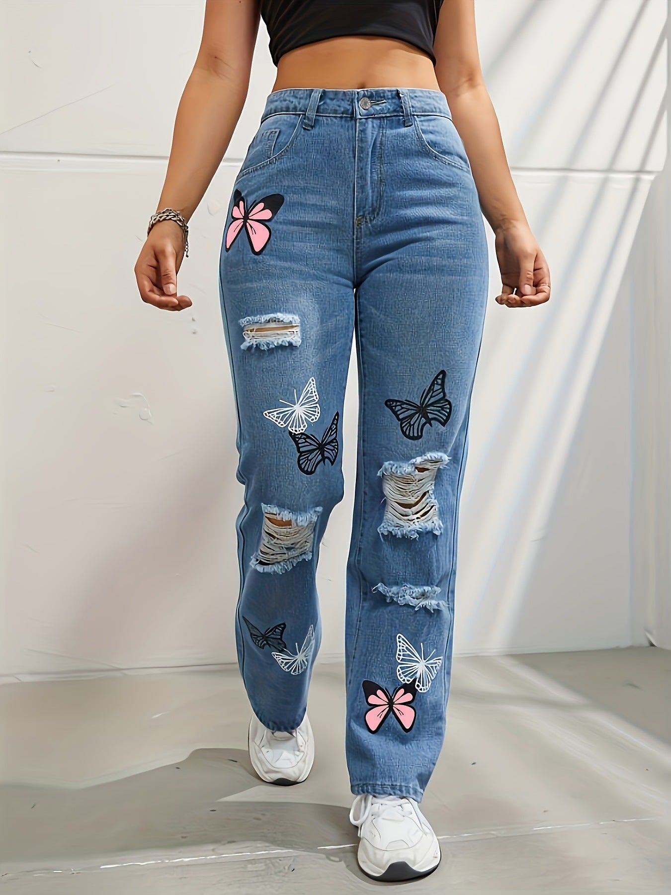 Denim Pants High Waisted Straight Leg Jeans For Women Trendy Butterfly Print Ripped Distressed Denim Pants