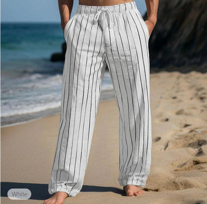 Men's Linen Drawstring Elastic Waist Straight Striped Comfortable Breathable Casual Pants