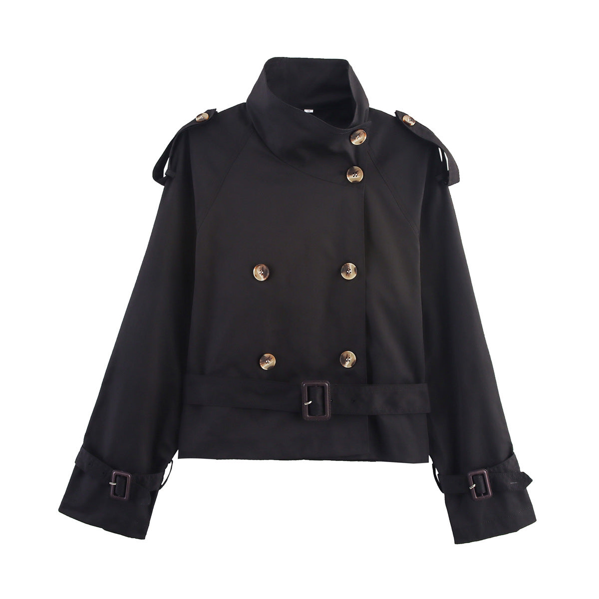 Notch-collar Short Trench Coat for Women with Belt Buckle Detailing
