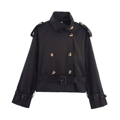 Notch-collar Short Trench Coat for Women with Belt Buckle Detailing