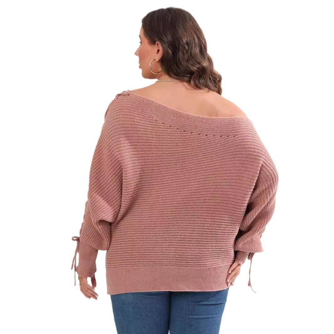 Sleeve Sweater Women's Top Plus Size Lace Up Batwing Sleeve Sweater