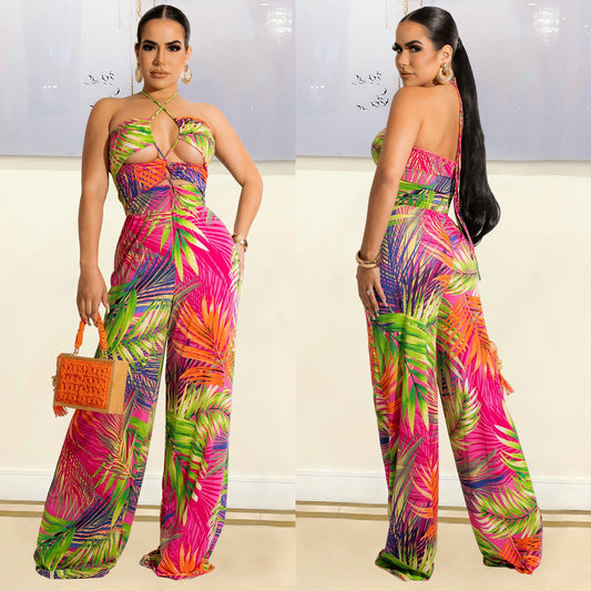 Wide Leg Pants Women's Fashion Digital Print Wrap Chest Wide Leg Pants