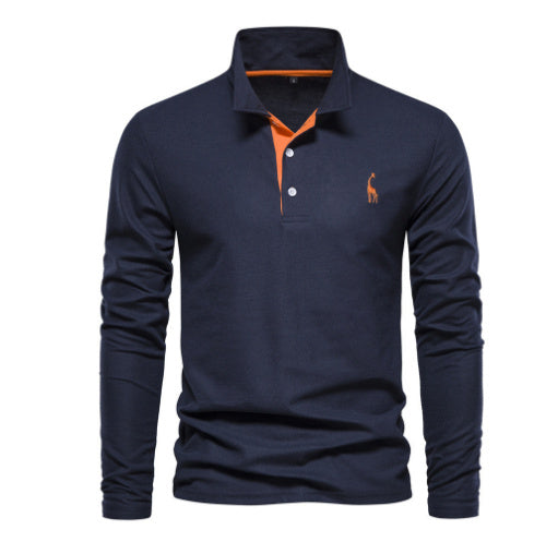 Long Sleeve Polo Collar  shirt Men's Fashion Casual Polo Collar Deer Embroidered Long Sleeve